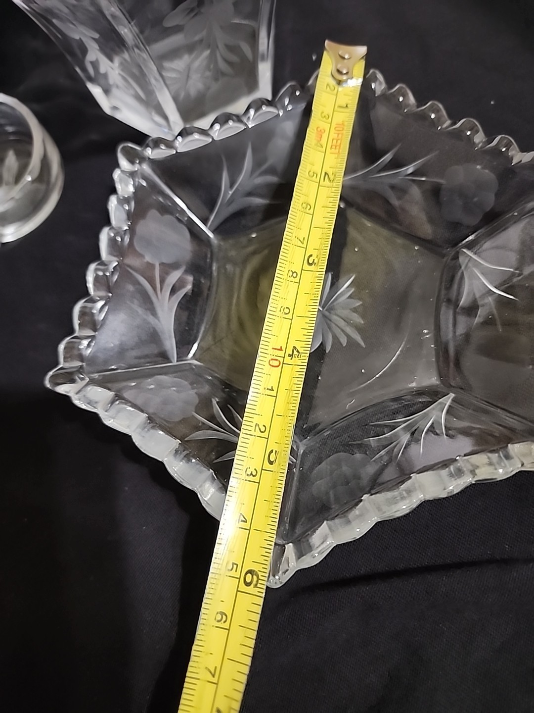 VTG FLORAL Etched GLASS Mayo Bowl Set Ladle Underplate SCALLOPED Hexagon Nice