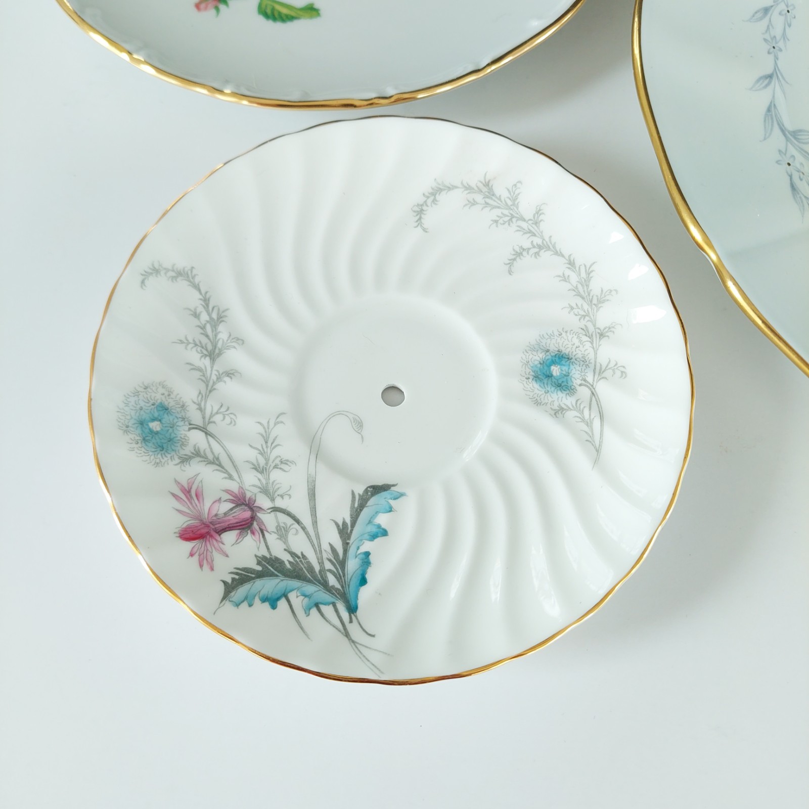 Vintage 3 Tier Cake Stand Bone China Porcelain Bluebird Floral Afternoon Tea