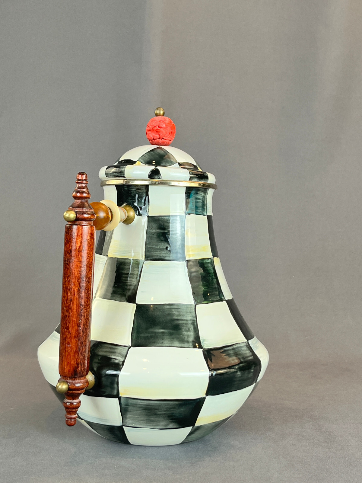 MacKenzie-Childs COURTLY CHECK Enamel 64 Oz Jug & Lid w/ Red Finial Coffee Pot A