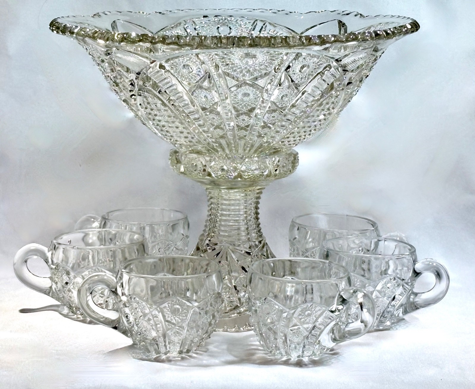 Antique Indiana Glass Paneled Daisy and Fine cut Clear Punch Bowl Base & 6 Cups