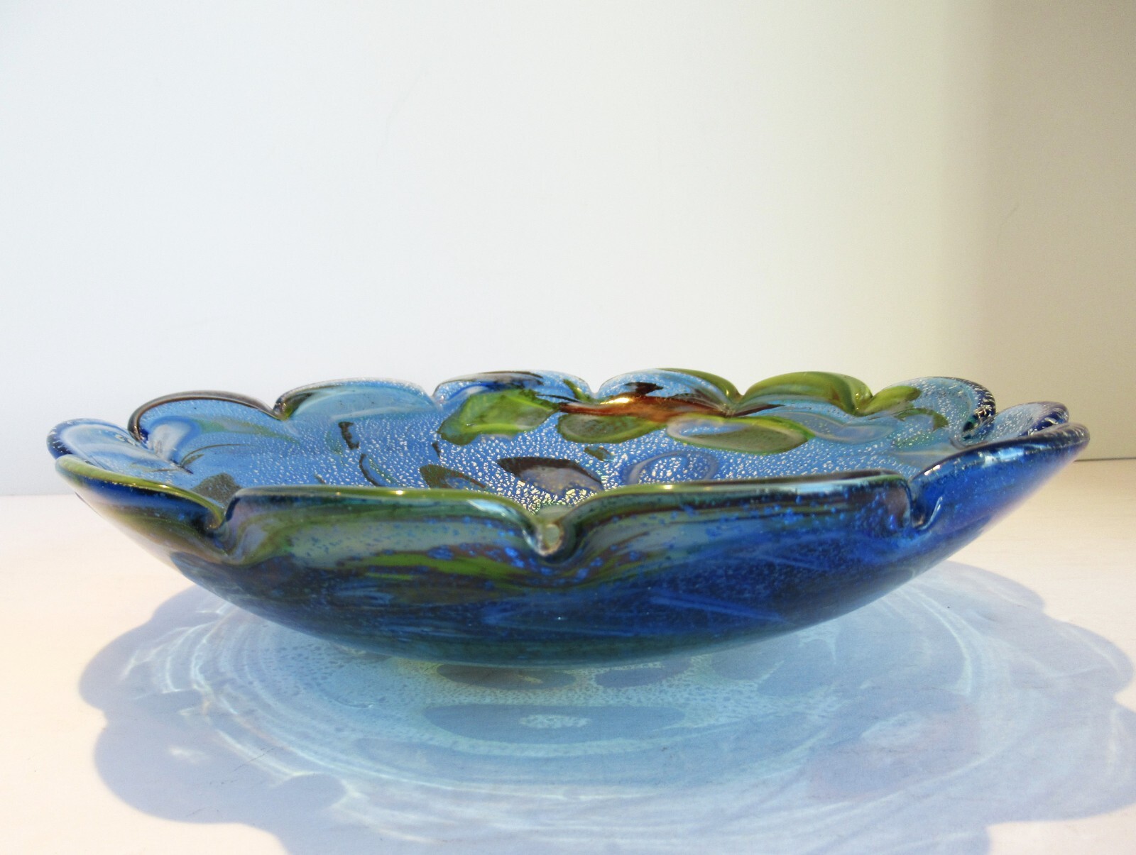 Multicolor Fused Art Glass Bowl Scalloped Edge Abstract Amoeba Design Blue Green