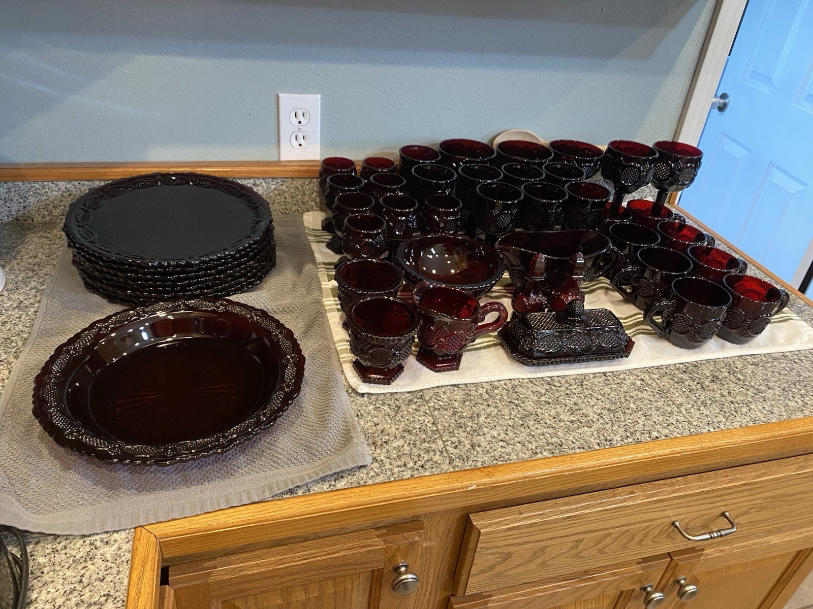 Dark Red Pressed Glass Dinnerware Set Plates Goblets Mugs Bowls Butter Dish