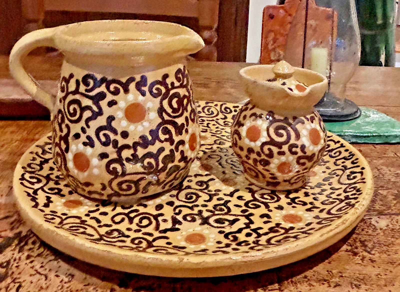 FRENCH SET OF GLAZED PLATE PLATTER 2 PITCHERS EARTHENWARE ANTIQUE POTTERY
