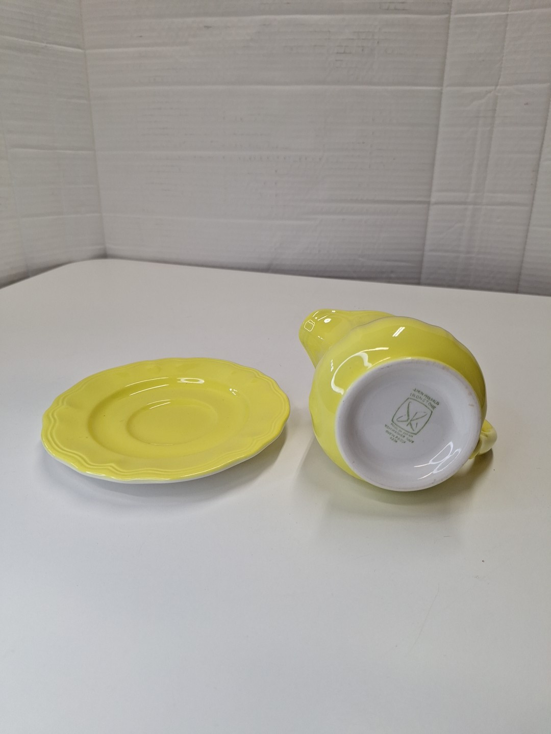 Ironstone Japan Yellow Ceramic Creamer Pitcher w Saucer Plate 4.5″H x 5.5″W