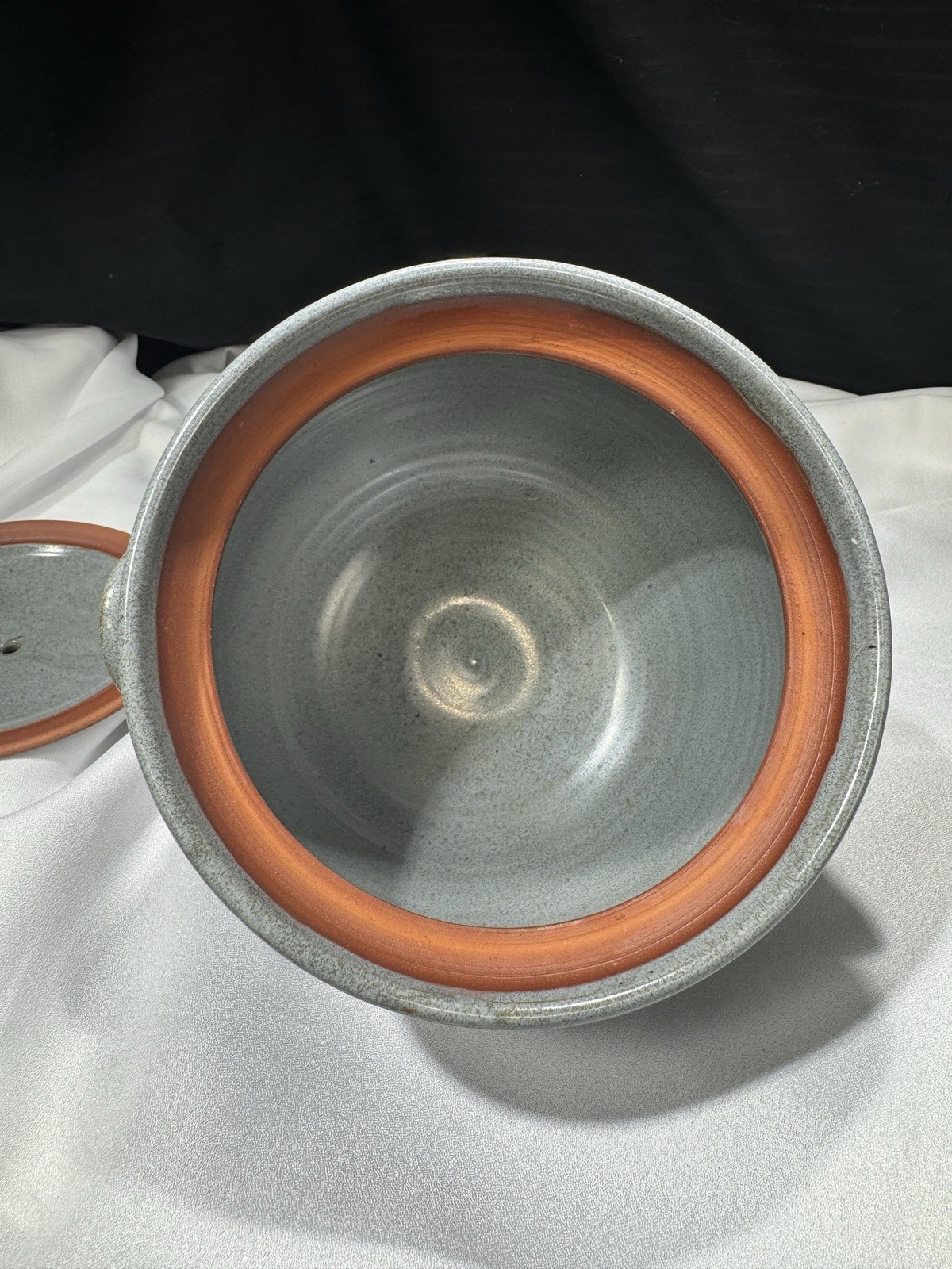 Folk Art Stoneware Stew Pot With Lid, Blue Glaze Pottery Gray Bowl Terracotta