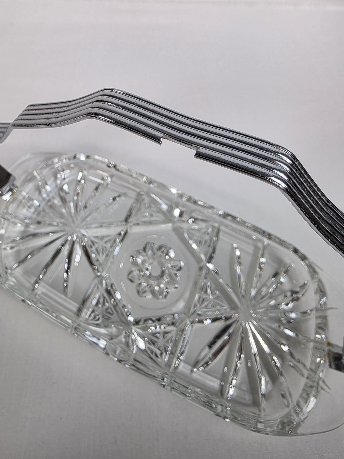 Vintage Glass Relish Tray Chrome Handle Starburst Cut Pattern Candy Dish Server