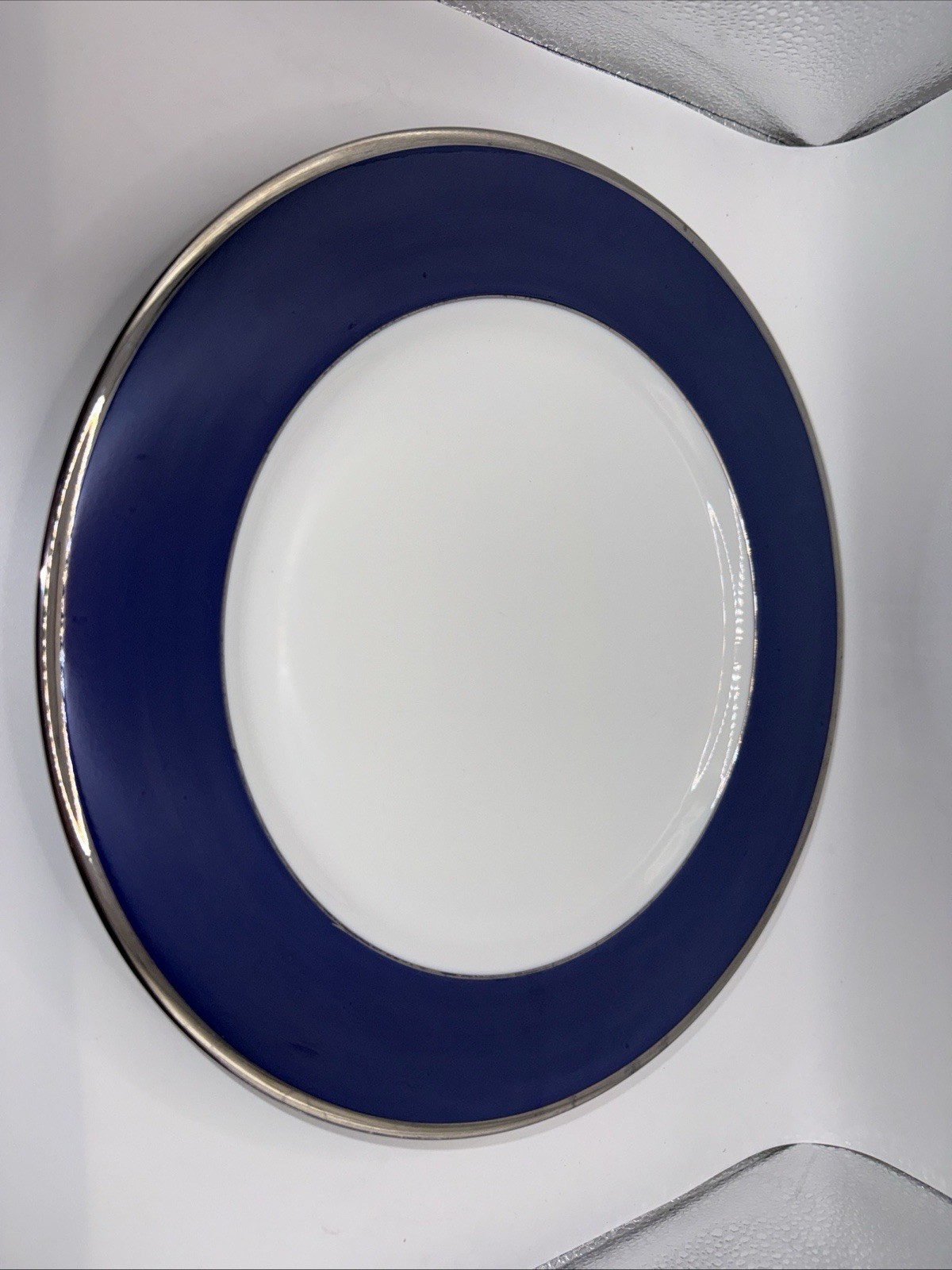 💙🩵 Crate & Barrel Platinum Cobalt Blue Dinner Plates Lot 3 Navy Silver White