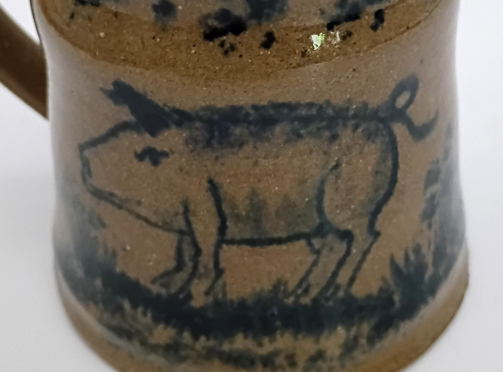 Becky Mummert Folk Art Mug ~ 3.5” tall Pottery ~ Salt Glazed w/Blue Pig ~ 1997