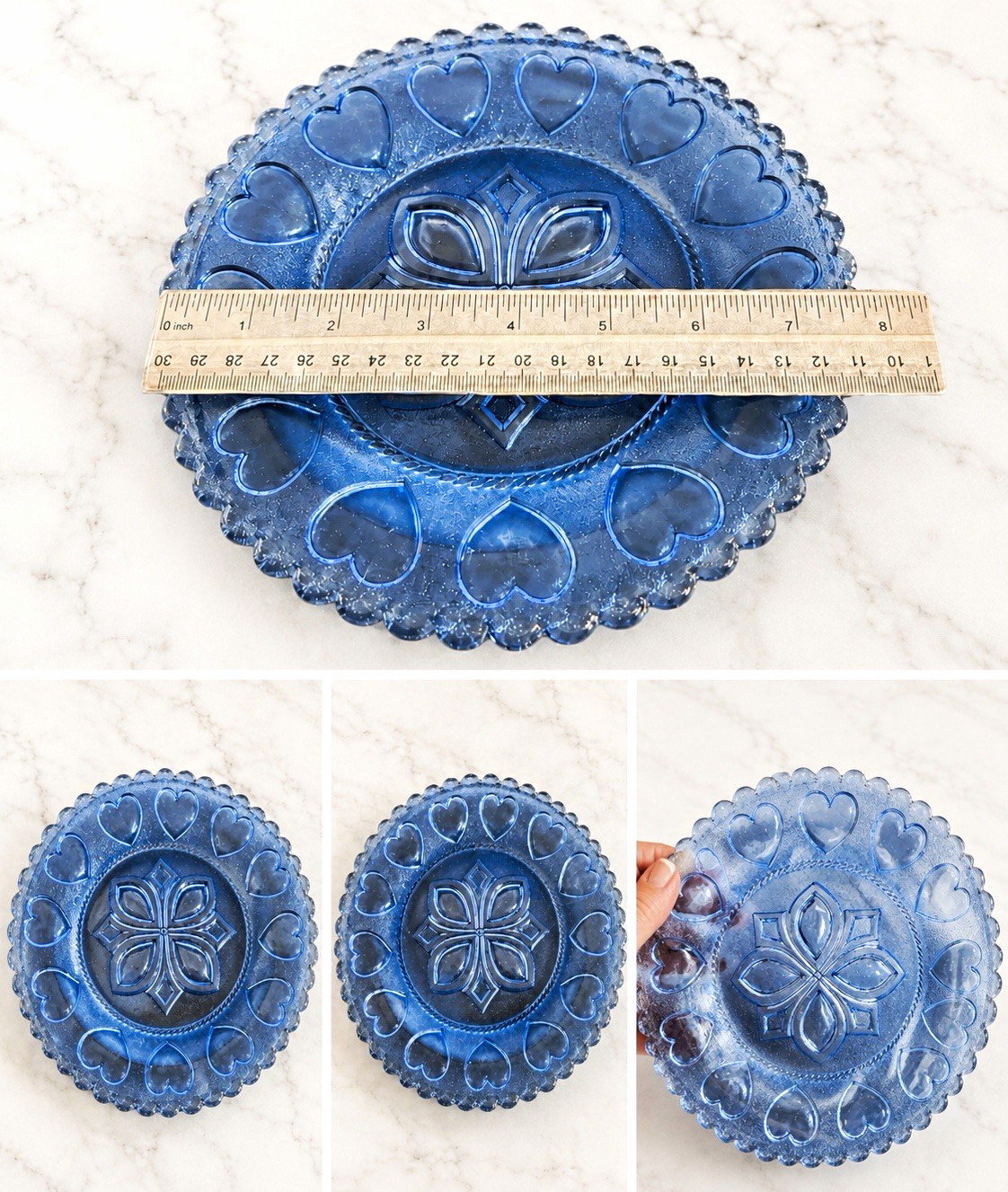 Blue Pressed Glass Hearts Pattern Decorative Round Plate, 8 in Diameter