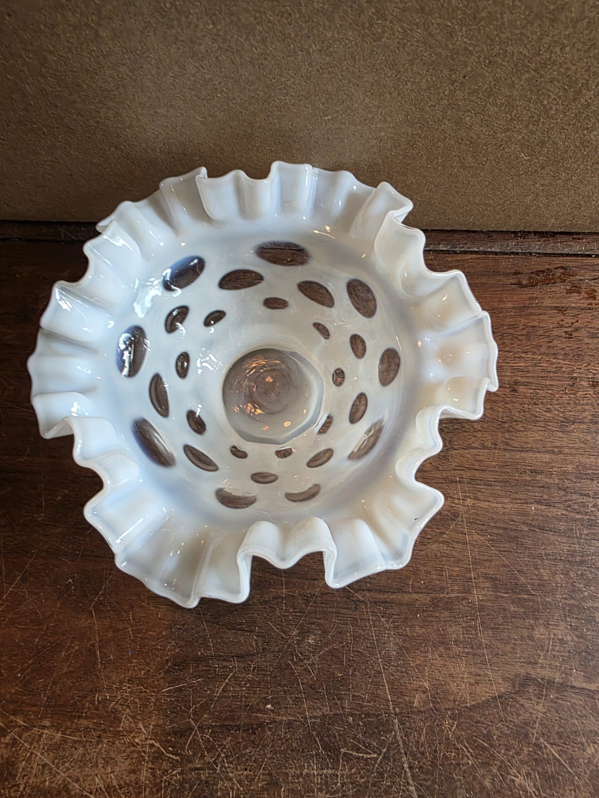 Vintage White Fenton Coin Dot Ruffle Edge Art Glass Bowl