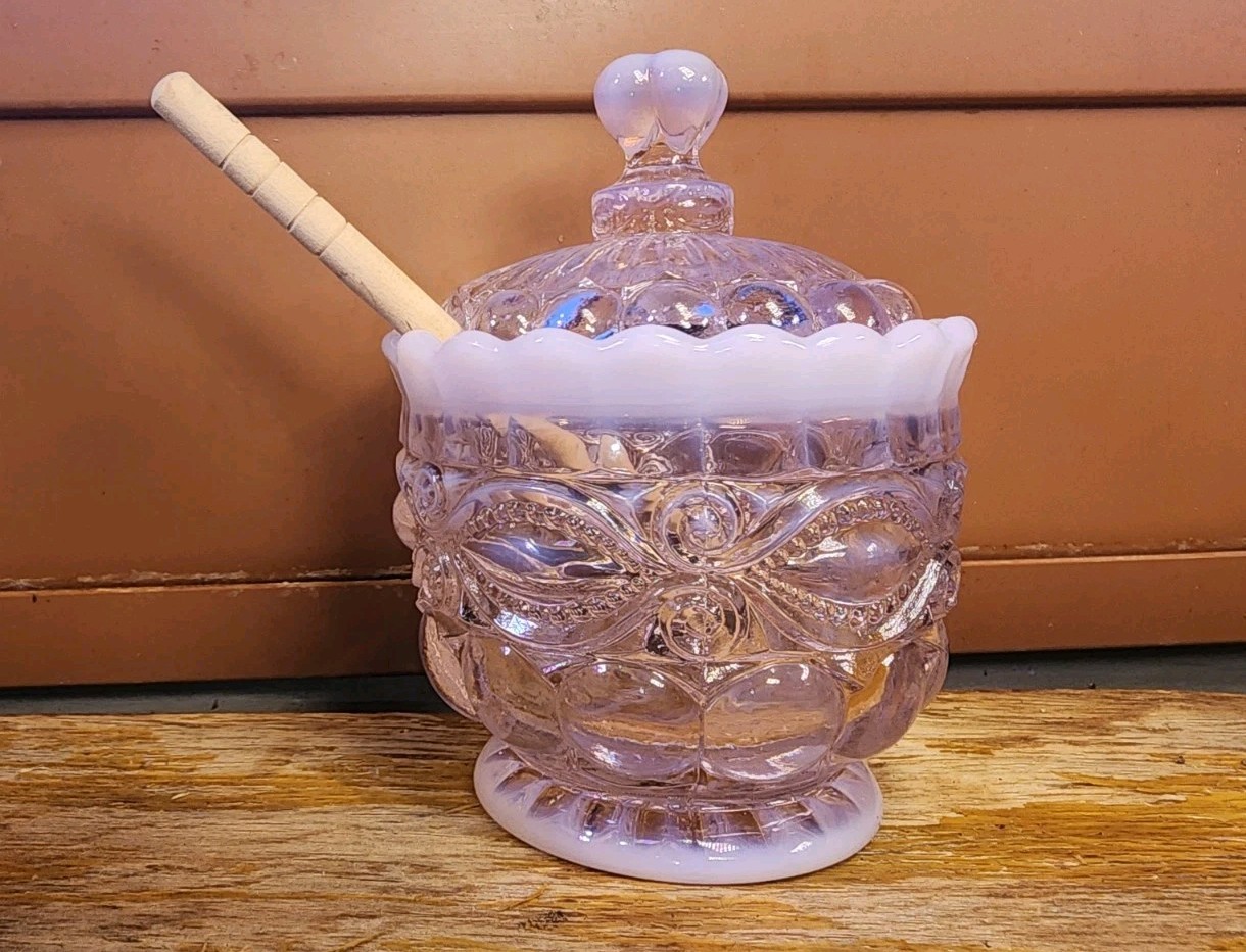 Mosser Eye Winker Pink Opalescent Honey Jar & Dipper Ohio USA Gift Sugar