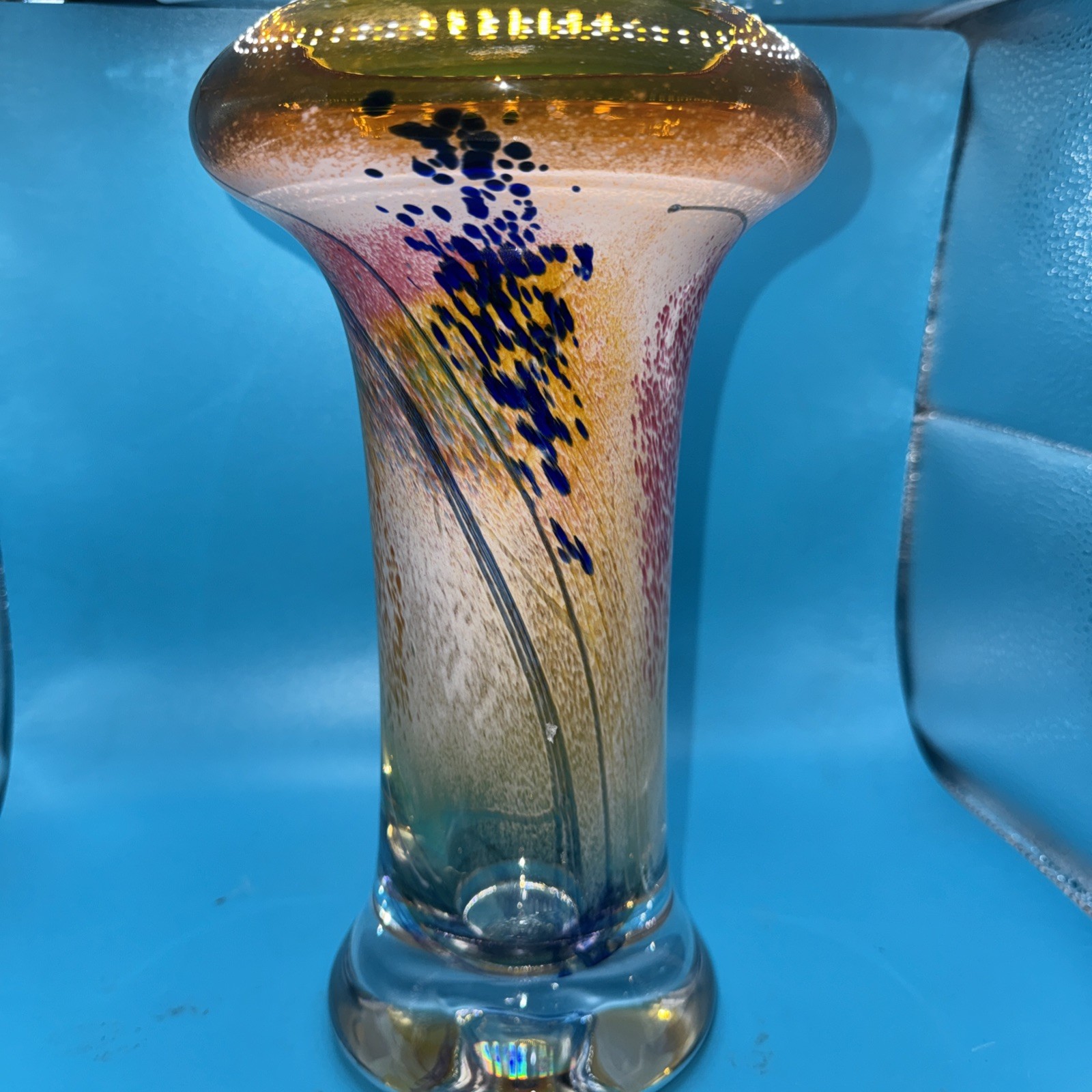 Stunning EARL O. JAMES Art Glass Vase Vintage Signed 10.5” Tall Abstract Colors
