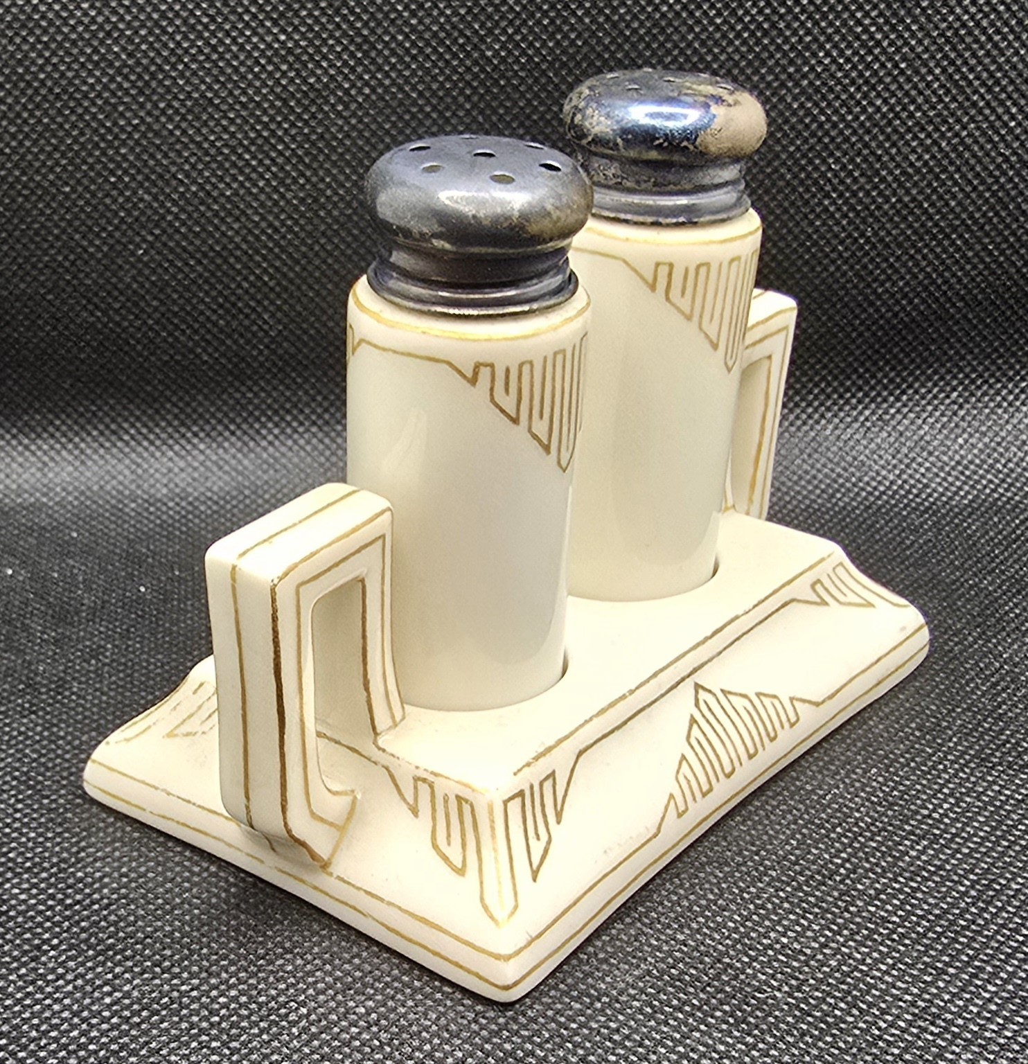Antique 1906 Lenox Belleek Porcelain Salt & Pepper Shaker Set w/ Stand Art Deco
