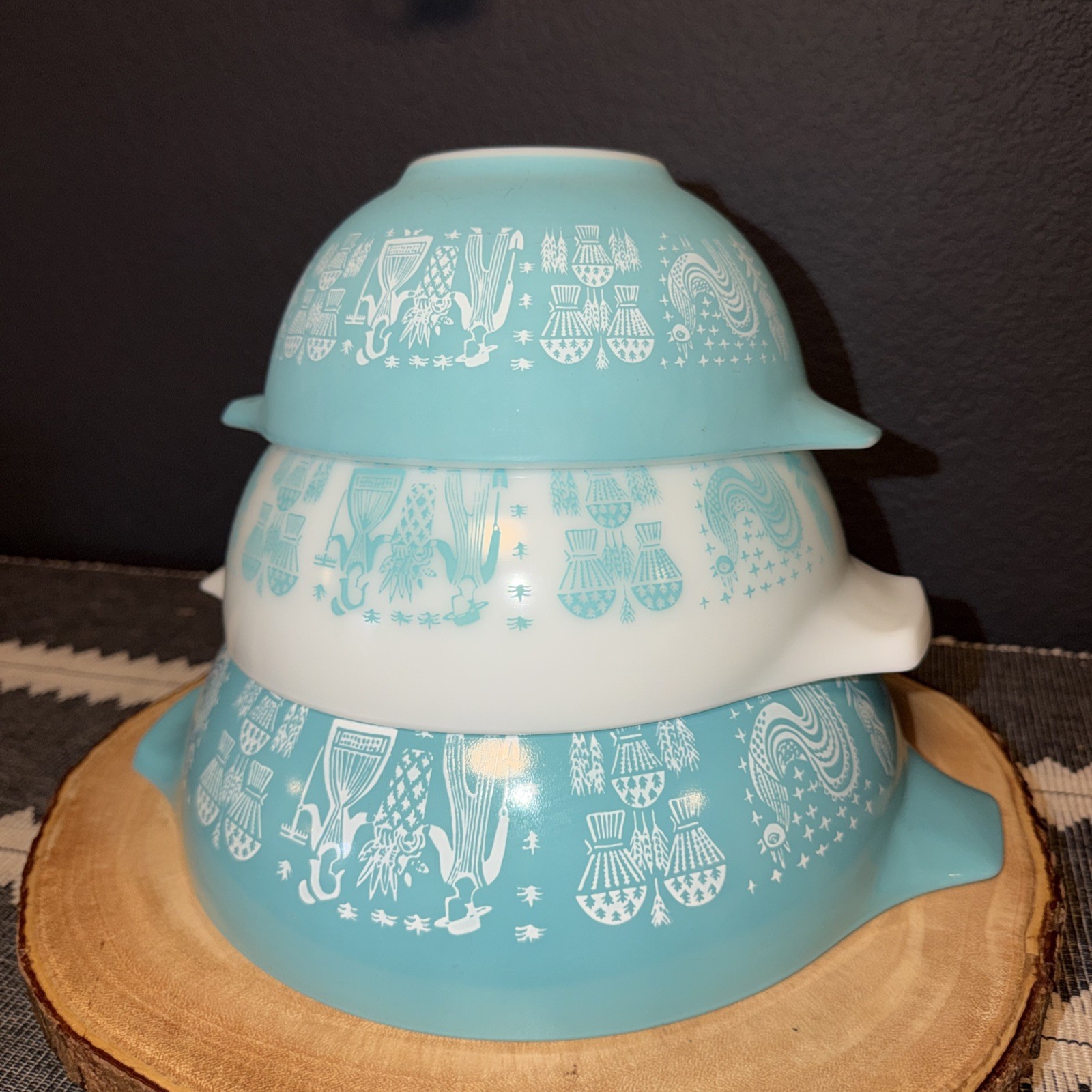 VTG Pyrex Amish Blue Butterprint Cinderella Dbl Spout Nesting Bowls Set of 3