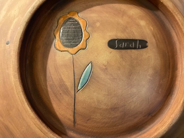 Sarah McCarthy Pottery Large 15″ Scalloped Pedestal Console Dish Floral Folk Art