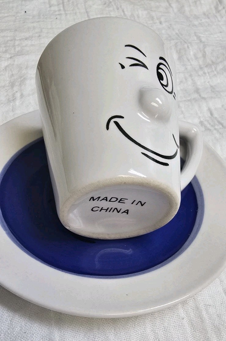 Funny Face Espresso Coffee Mugs With Matching Saucers Ceramic 2.50 Inches Taĺl