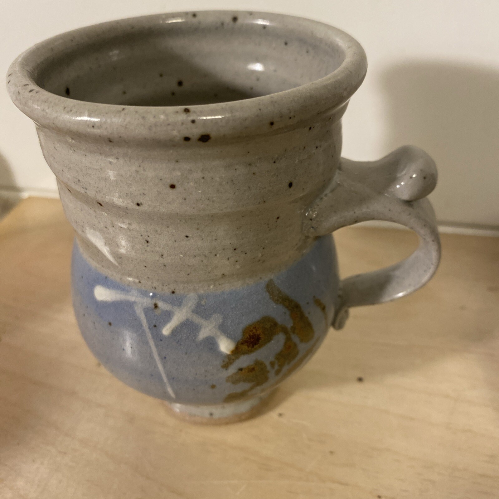4 Beautiful Handmade Pottery Coffee Cups Signed Blue Brown White Tan E.C.