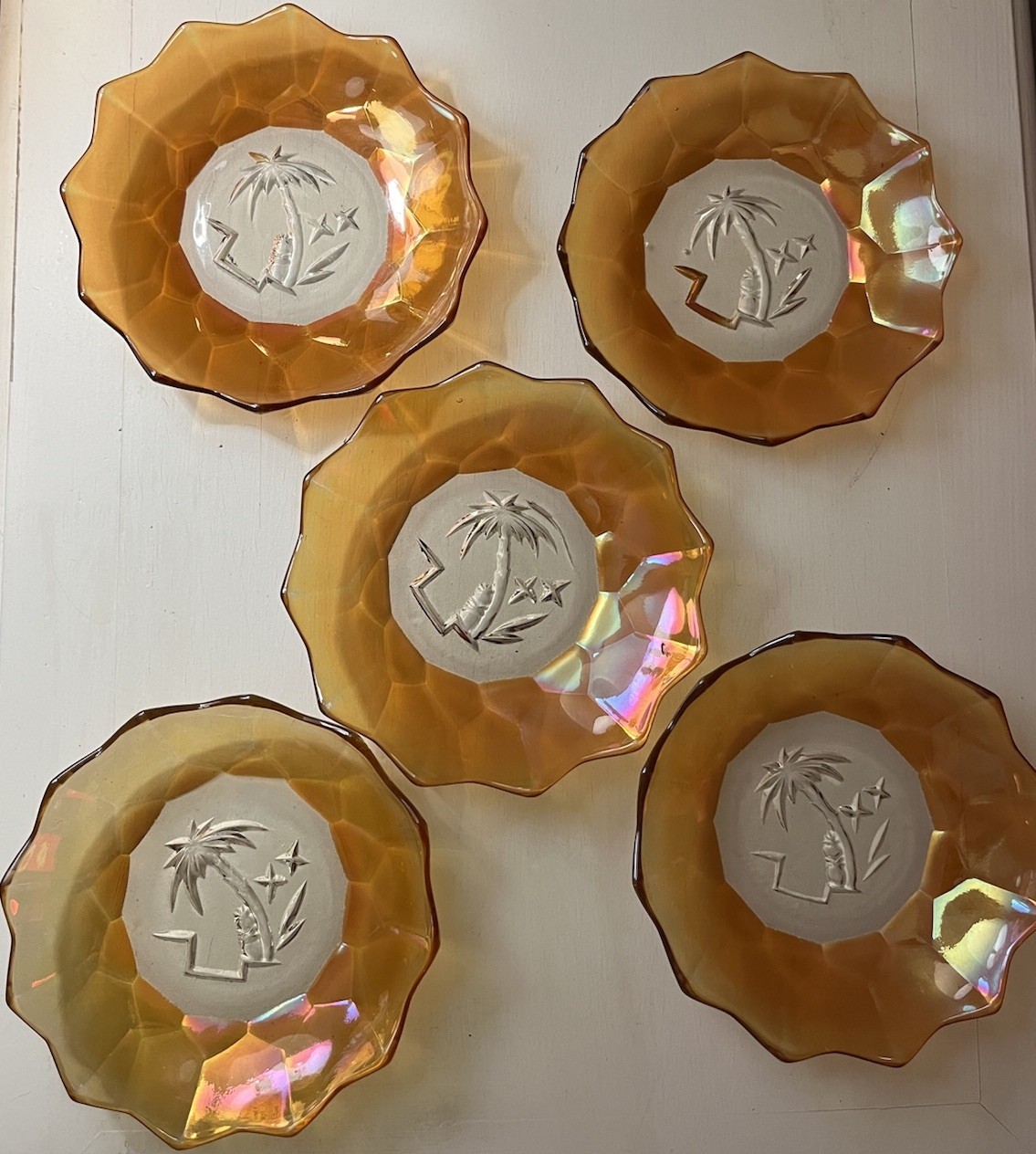 Hortensja Marigold Carnival Glass Platter& 5 Bowls Etched Palm Tree Poland 1940s