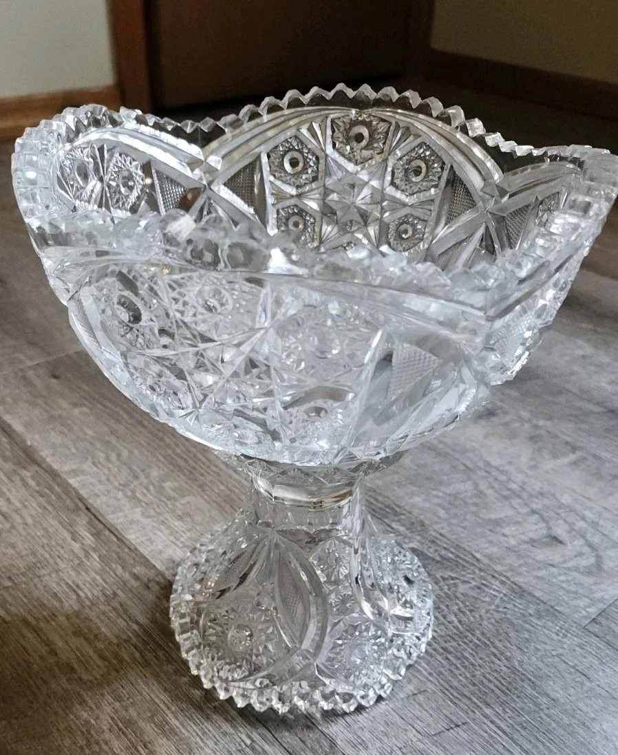 Antique Brilliant Cut Crystal Glass Eggnog Centerpiece Bowl 2 Piece Vintage
