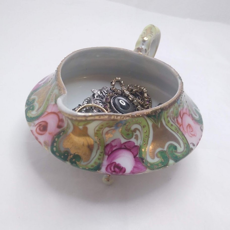 Antique Nippon Hand Painted Three Footed Creamer Moriage Pink Rose Gold Pitcher