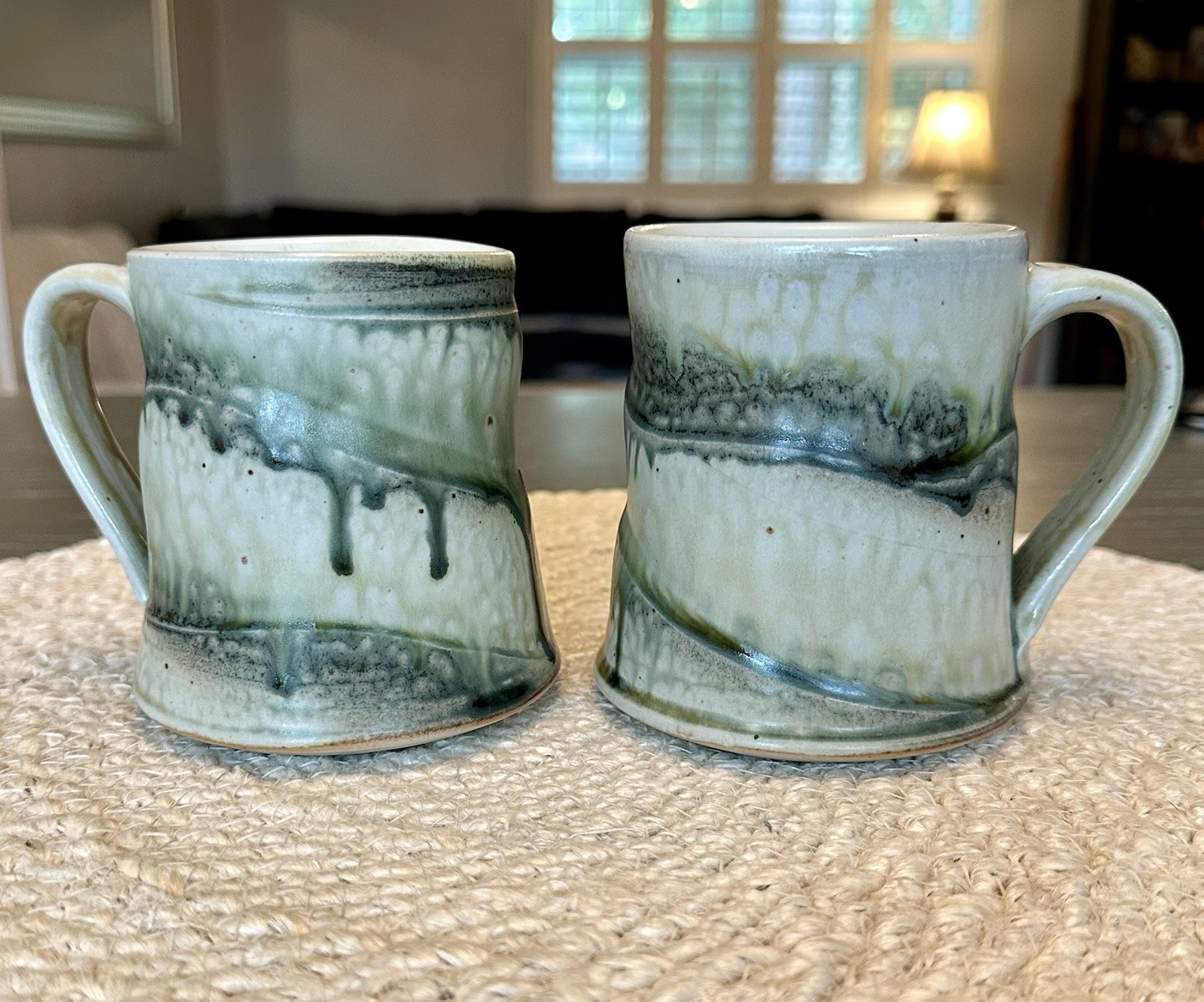 Studio Art Pottery Mugs Set Of Two Earthy Green Drip Glaze Signed Charlie Tefft