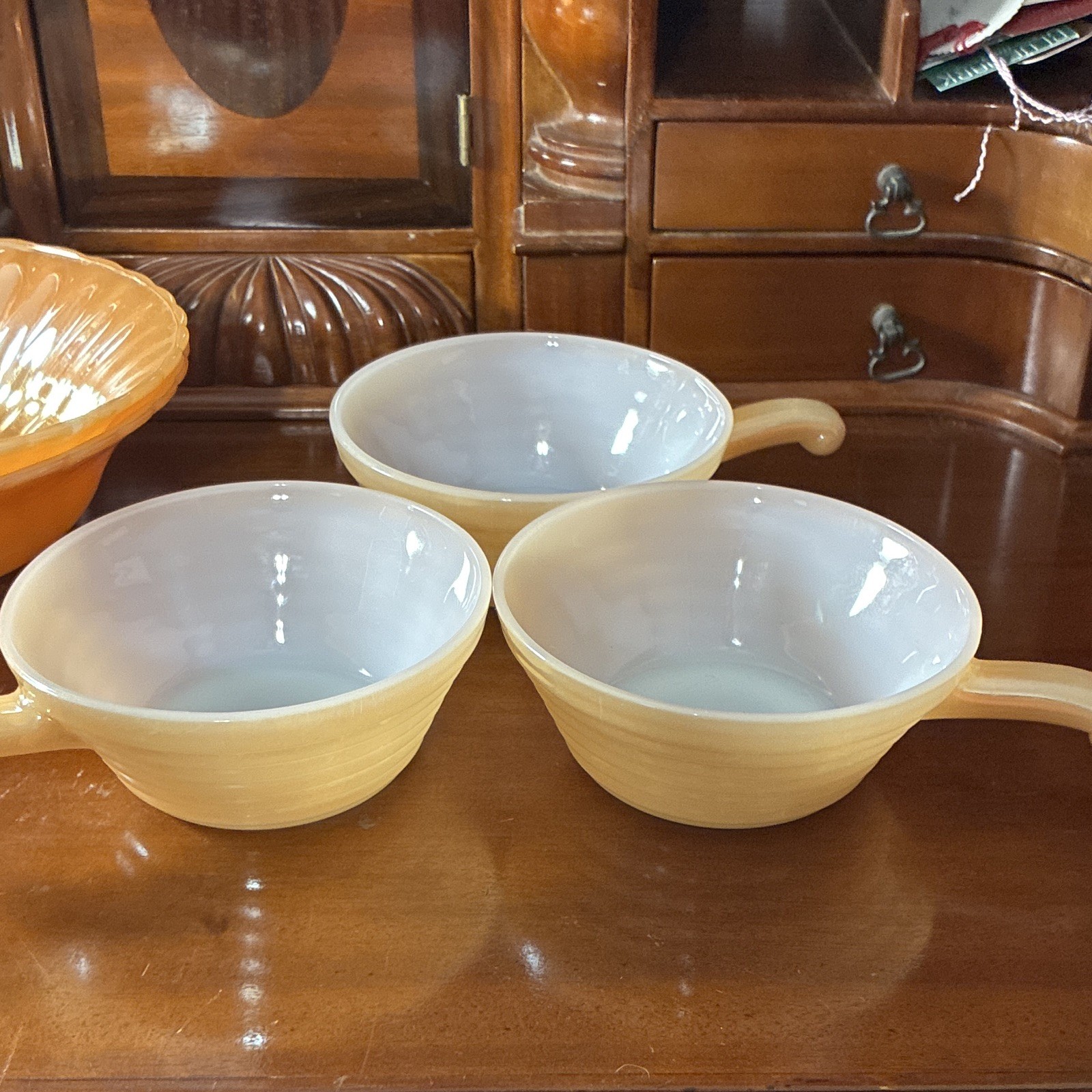 6 piece Fire-King Peach Swirl Milk Glass Set Oven Safe MCM USA 1950s.