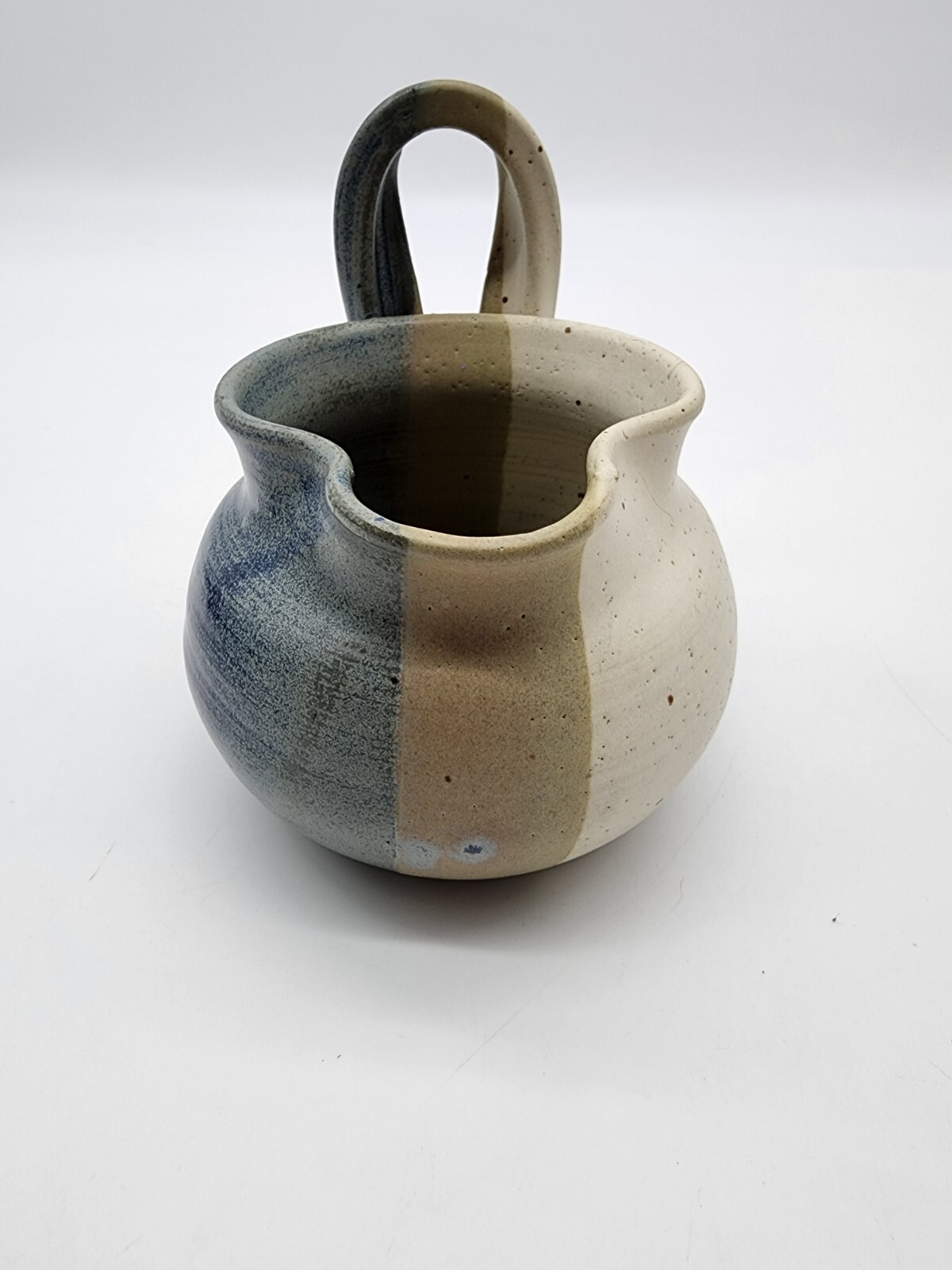 Art Pottery Small Pitcher creamer Signed Blue Tan white unique Shape