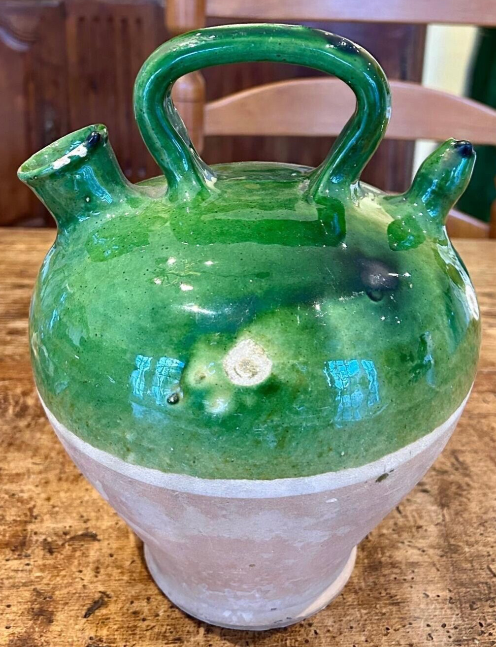 French Antique Confit Pottery Earthenware Green Glazed Pitcher CHRISTMAS SALE