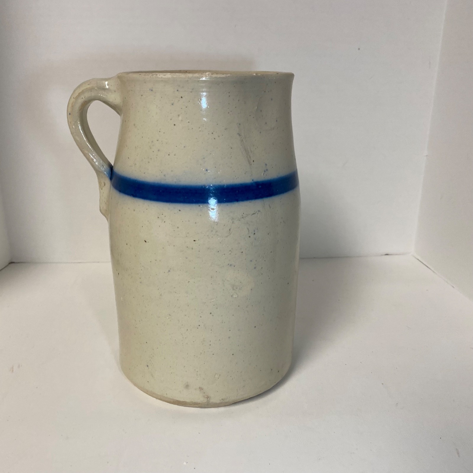 Vintage Primitive Salt Glazed Stoneware Pitcher 10″ Crock Blue Stripe