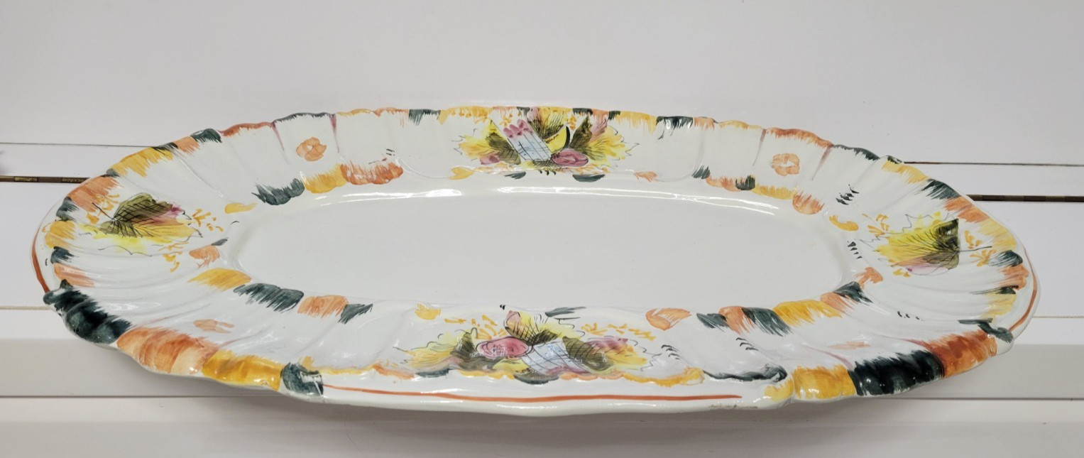 25 INCH BEIGE HANDPAINTED CERAMIC OVERSIZED OVAL SERVING PLATTER 7 POUNDS