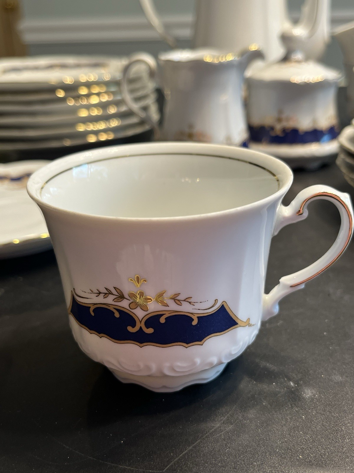 21pc Mitterteich Bavaria Cobalt Blue Gold Trim Coffee Tea Pot Desert Serving Set
