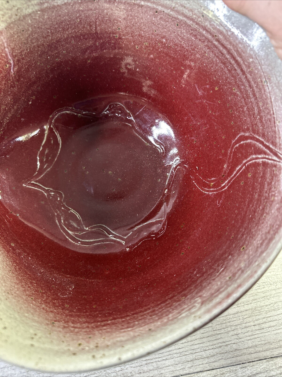 Studio Made Pottery Bowl Pinched Side Red Gray Abstract Design Signed