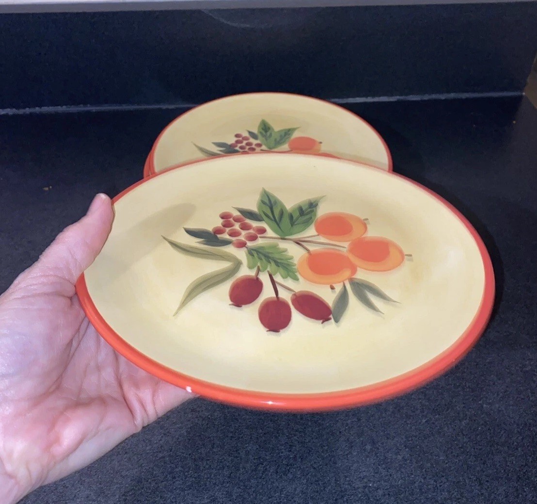 4 Salad Plates 8 in. Crate & Barrell Pomegranate Wreath Holiday