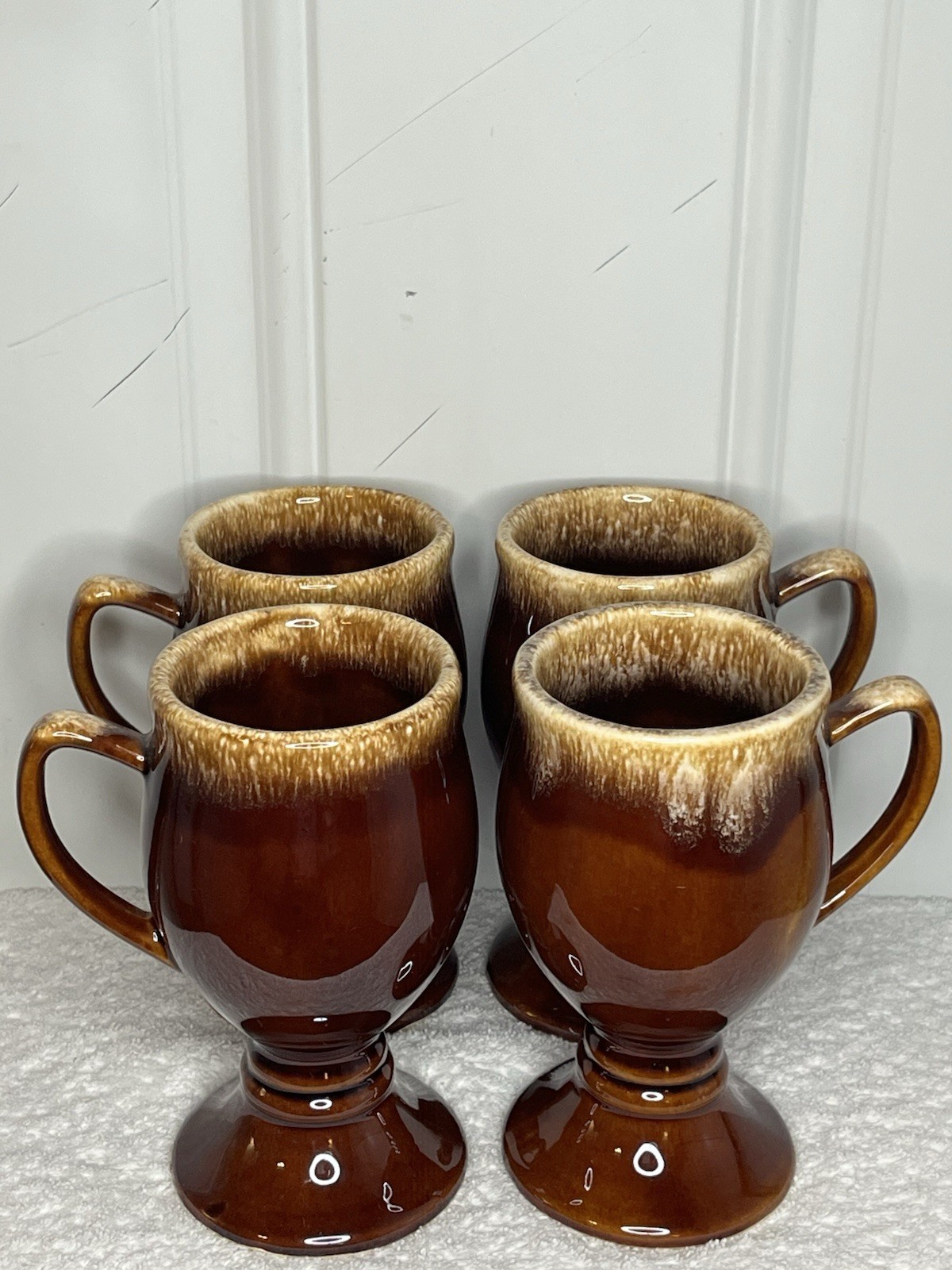 Set of 4 Vintage Hull Pottery Brown Drip Glaze Irish Coffee Pedestal Mugs 6″
