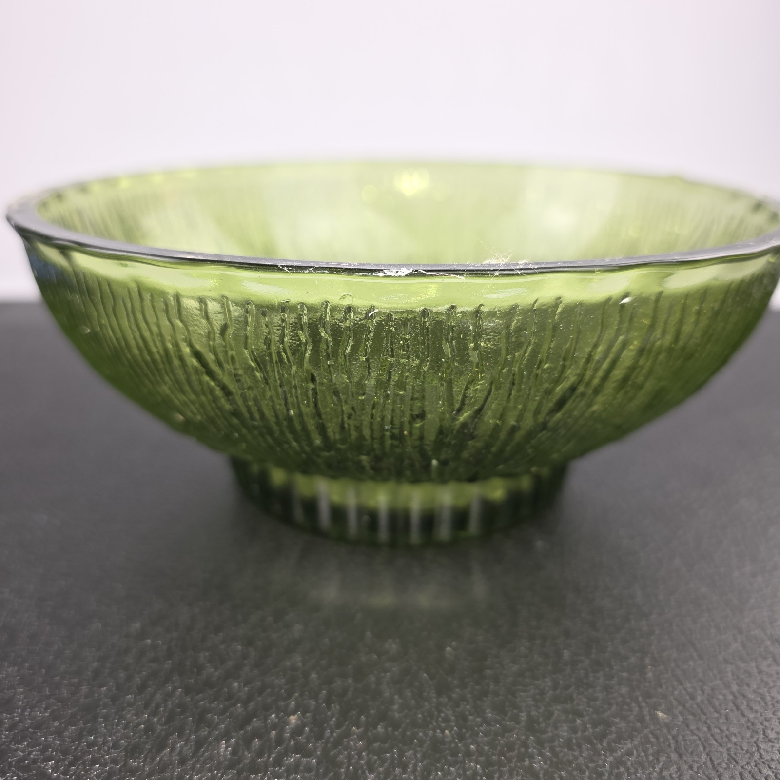 Glass Snack Bowl Dish Vintage Mid-Century 1975 MCM FTD Green Tree Bark Rippled