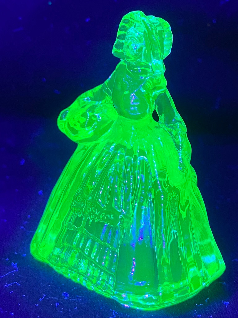 Green Vaseline uranium glass girl doll candy container woman Elizabeth Blue glow