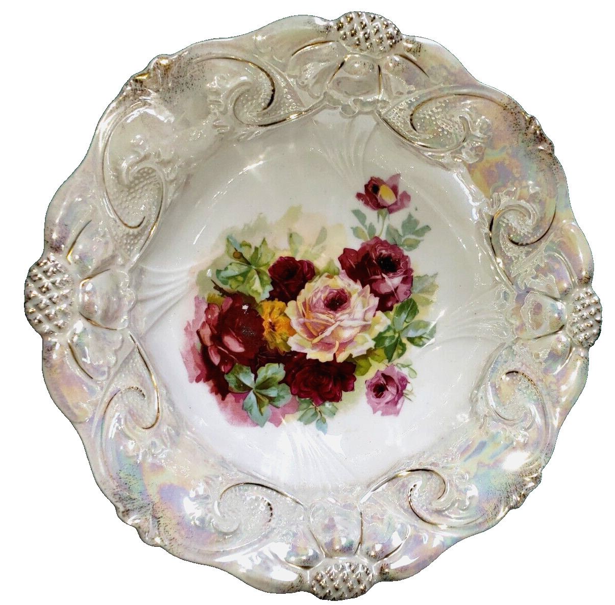 ATQ P S Germany Embossed Porcelain Bowl MOP Luster Rim With Rose Decor 10 1/4″