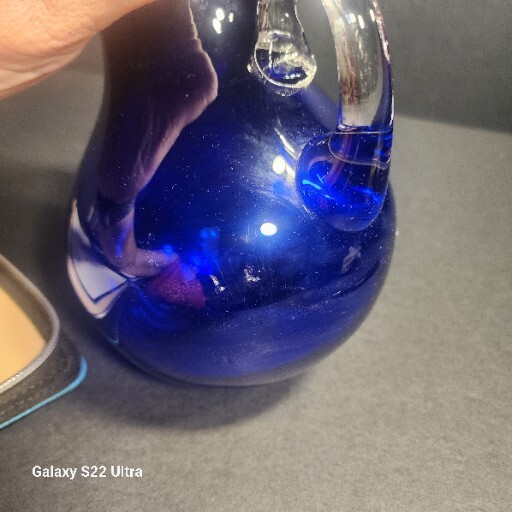 Hand Blown Art Glass Cobalt Blue Pitcher / Yellow W/ Applied Clear Glass Handle