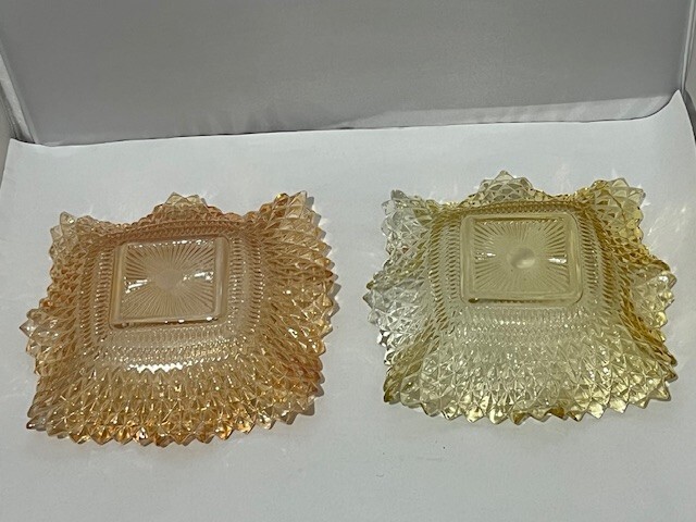 Vintage Yellow & Orange Diamond Point Sawtooth Square glass Candy Dish Bowl set
