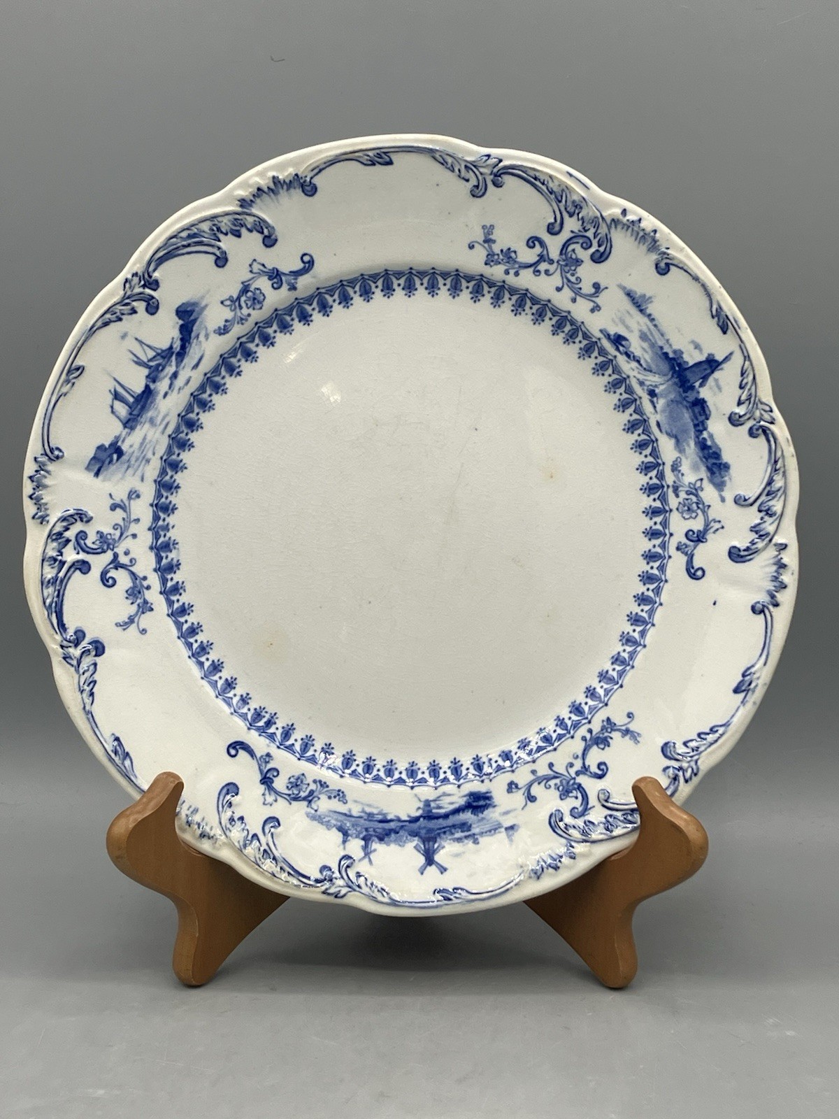 Antique Ridgways Delft Blue Plate 9″ royal Semi Porcelain England Wood & Windsor