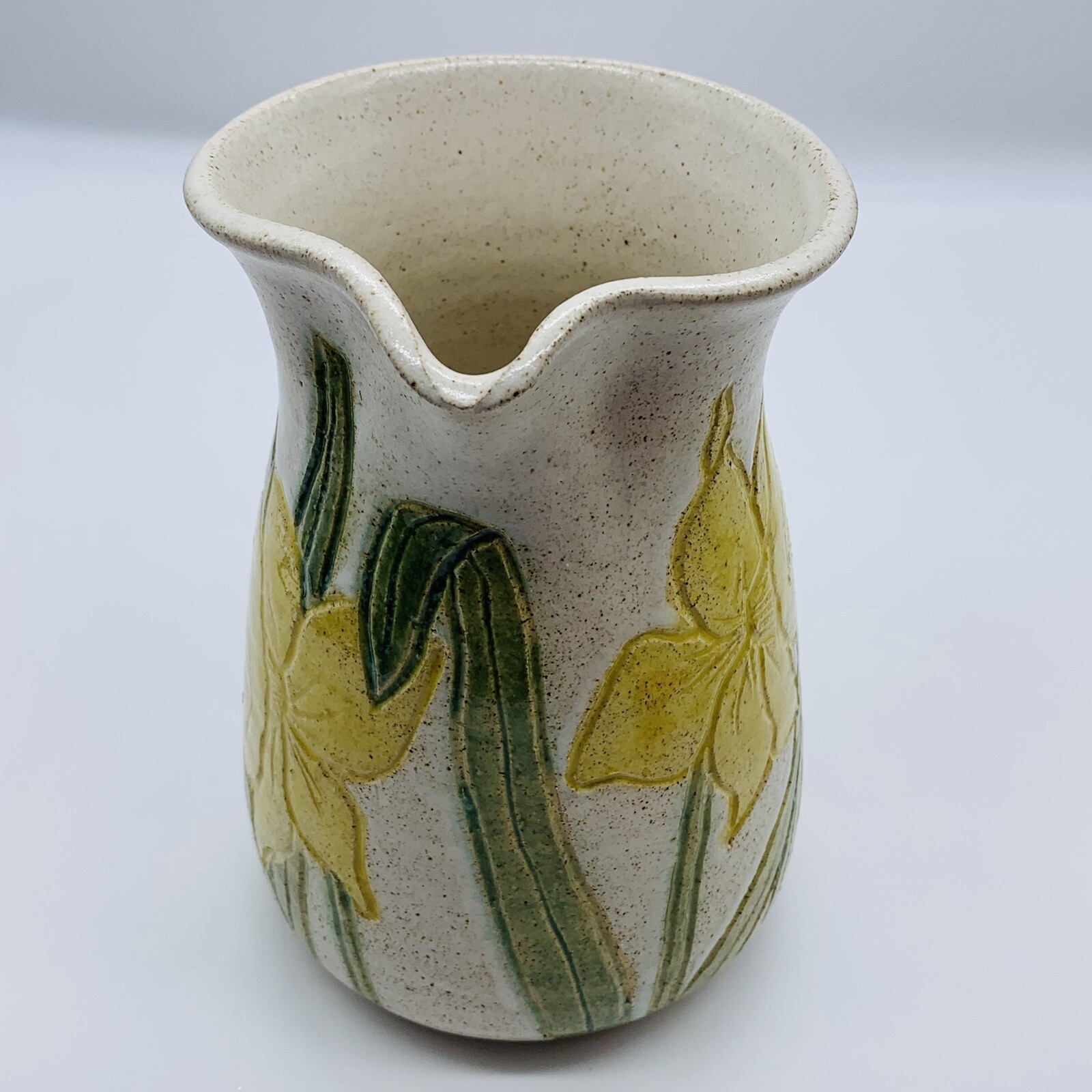 Vintage Studio Art Pottery Pitcher Yellow Flower Signed By Artist 7”T 5”W