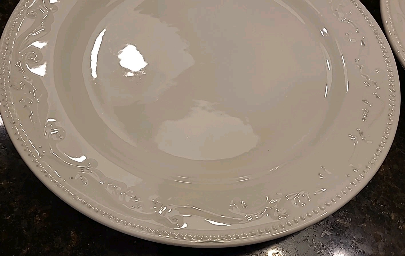 SET (3) Mesa International 11 7/8″ Dinner Plates. White Embossed Dots & Scrolls