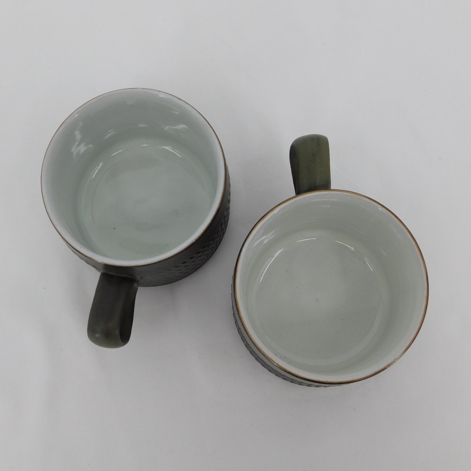 Set of 2 Denby Camelot Dark Green Flat Cup 2 1/2″ tall Chevron Pattern Vintage