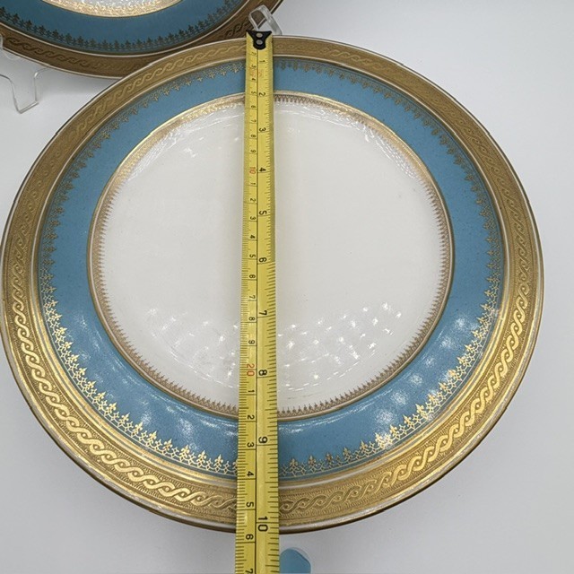 Set Of 4 Bernardaud Limoges Dinner Plates Turquoise Blue Heavy Gold Trim 10″