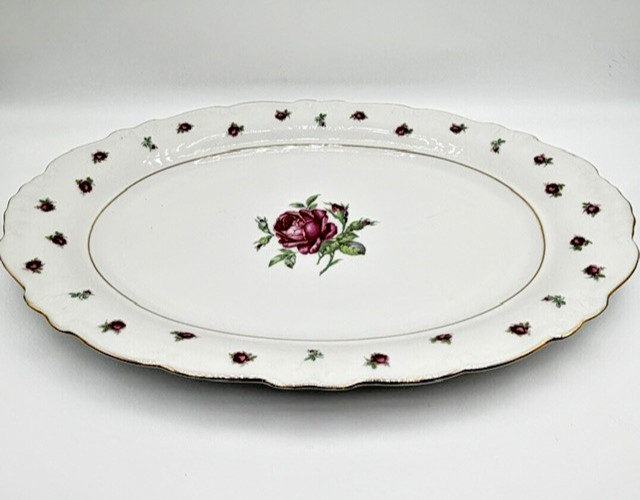 Treasure Chest Bavaria China First Love Oval Platter Pink Rose Gold Trim 15″x10″