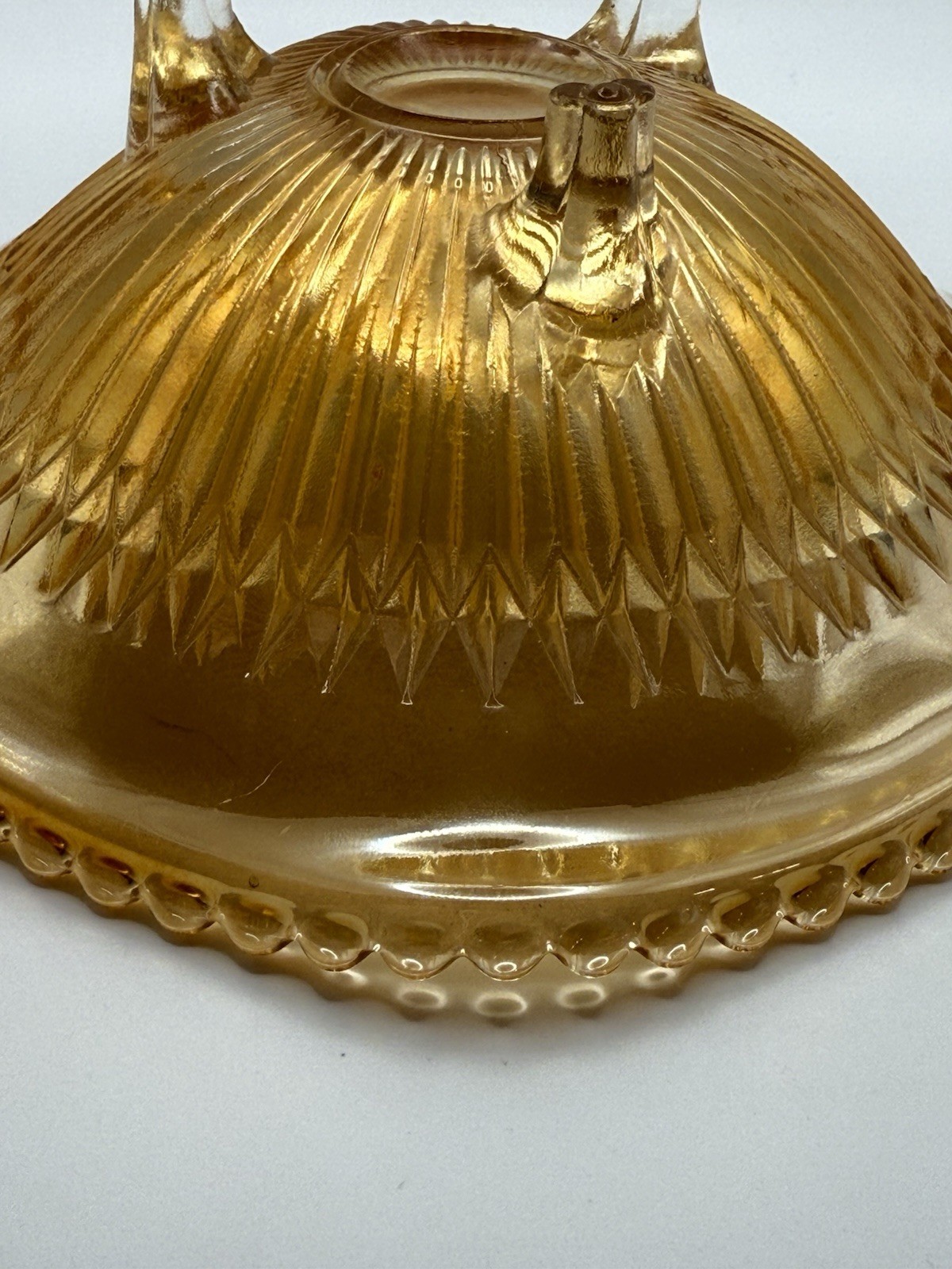 Vintage Carnival Glass Jeanette Glass 3 Footed Marigold ‘Anniversary’ Bowl 6.5”