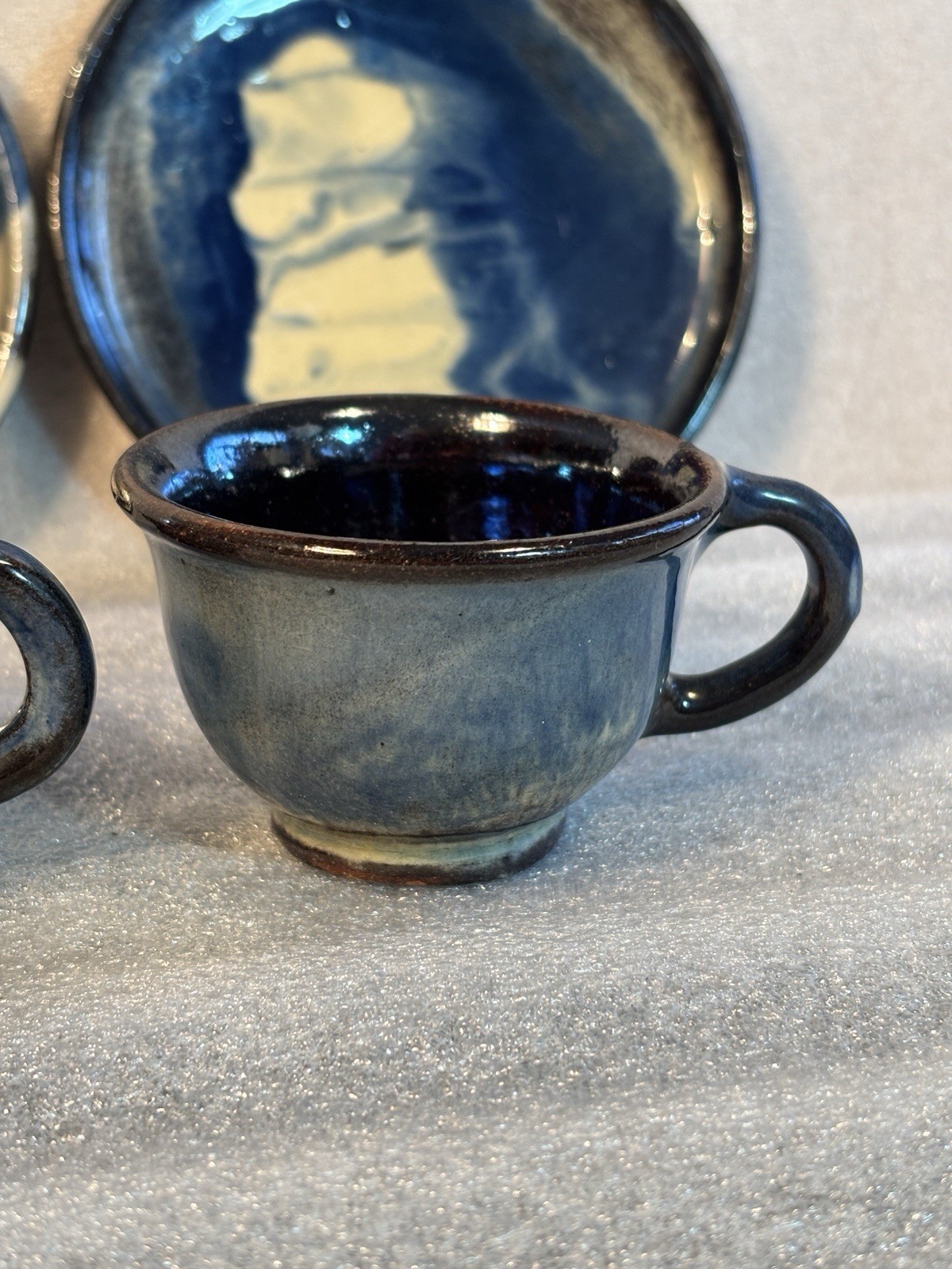 Studio Ceramic Pottery 2 cups & 2 Saucers Hand-Made Brown Blue Yellow