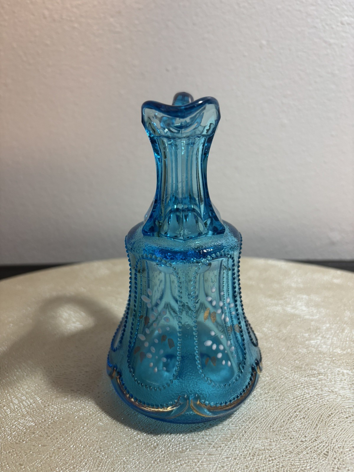 BEAUTIFUL CORNFLOWER BLUE COLORED GLASS HANDLED CRUET 1905 ERA hand painted