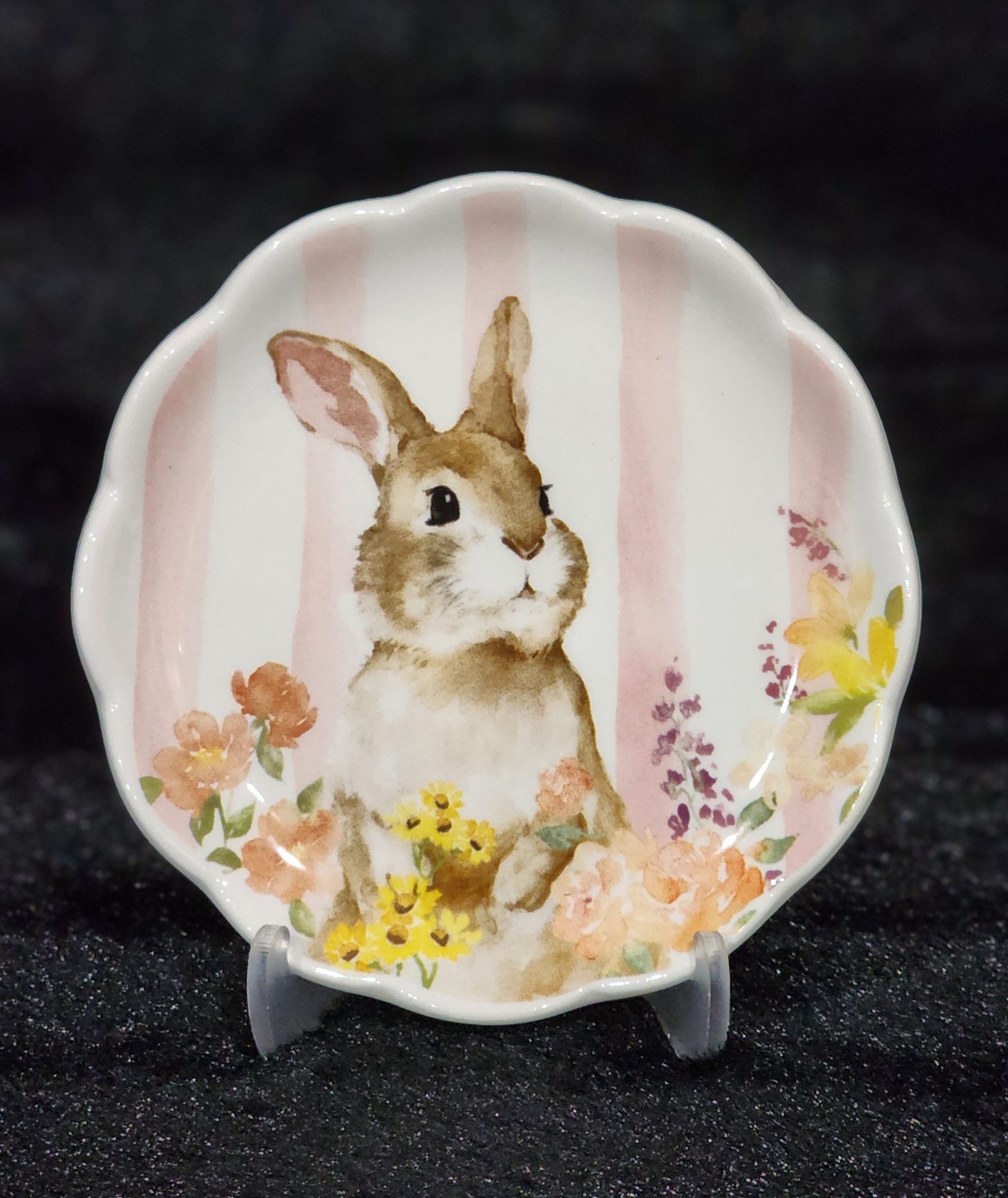 4 Pink White Floral Bunny Striped Tidbit Plates 4.4″ Ceramic Easter Watercolor