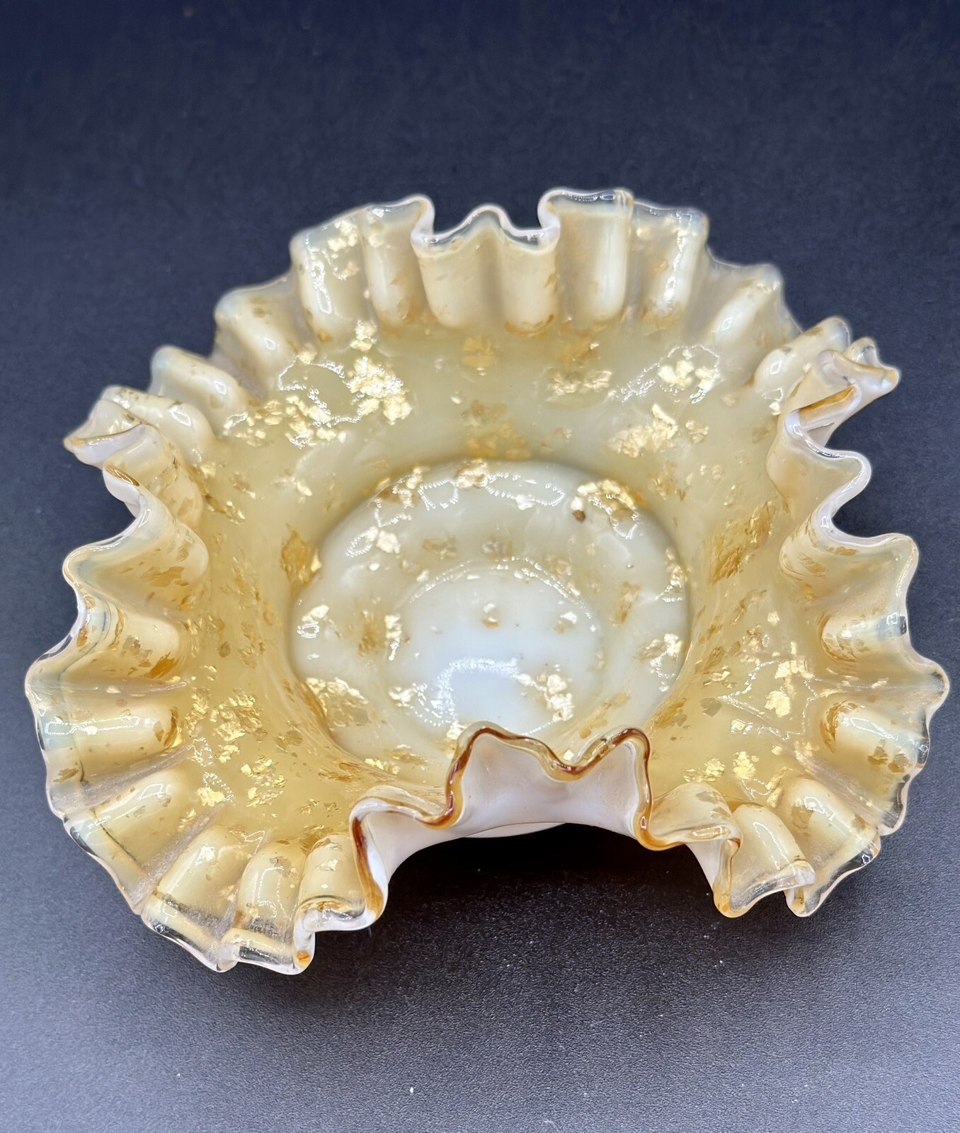 Vintage Ruffled Milk Glass Cased Dish Gold Fleck Opaline Mid Century Vanity Bowl